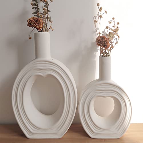 White Ceramic Vases Set Of 2, Rustic Heart Vase For Centerpieces Decor, Dried Flowers Vase For Home Shelf Table Bookshelf Mantel And Entryway Decor #TOP4
