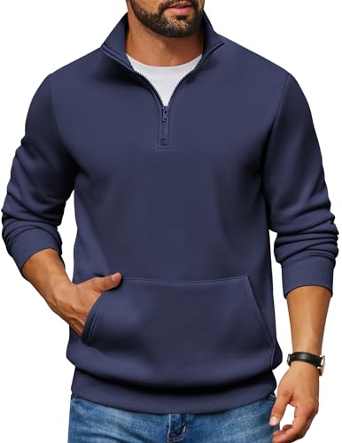 COOFANDY Mens Fashion Sweatshirts Hoodless Fleece Pullovers Regular Fit 1/4 Zipper Fall Polo Shirt Navy Blue