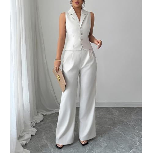 Women's Two Piece Sleeveless Business Suit Vest and Wide Leg Pants Set2