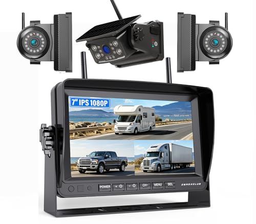 Image of 3 Magnetic Solar Wireless Backup Cameras HD 1080P 7 inch DVR Monitor, RV Rear View Side View Cameras for Fifth Wheels RVs Horse Trailer Trucks, Built-in 9600mAh Solar Battery, BS703