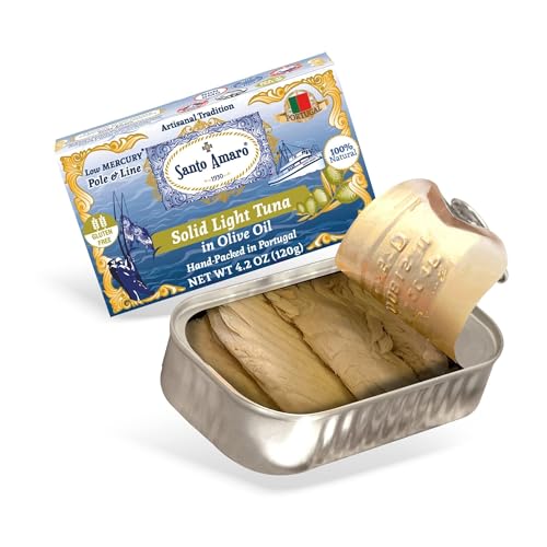 Image of Santo Amaro - Artisanal Wild Tuna Fillets in Virgin Olive Oil, Hand-Packed Canned Tuna from Portugal, Atlantic Natural Tuna, Pole & Line Skipjack Tuna Canned, Low Mercury, 22g Protein Keto, Pack of 3