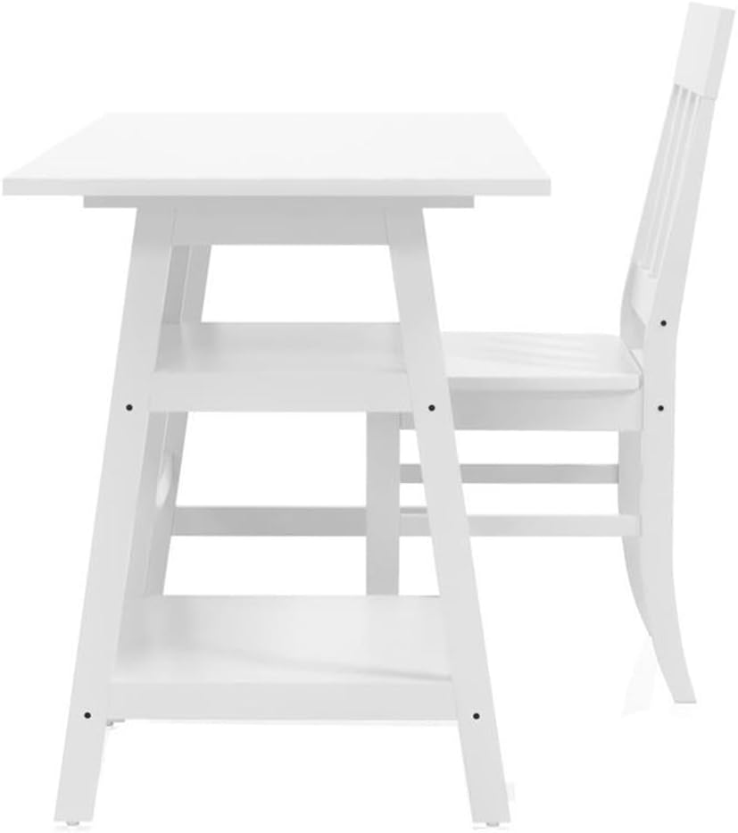 Pemberly Row Wood Writing Desk and Chair Set, 2-Piece, White Finish, Rubber Wood and MDF, 47 in Desk with Shelves, Cottage Style Home Office Furniture for Study or Work Station