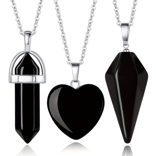YUVKIN Set de Colgantes de Ónix Negro, tres piezas: Corazón, Prisma Hexagonal y Cono con Aro Plateado (2 x 2 cm) (negro)