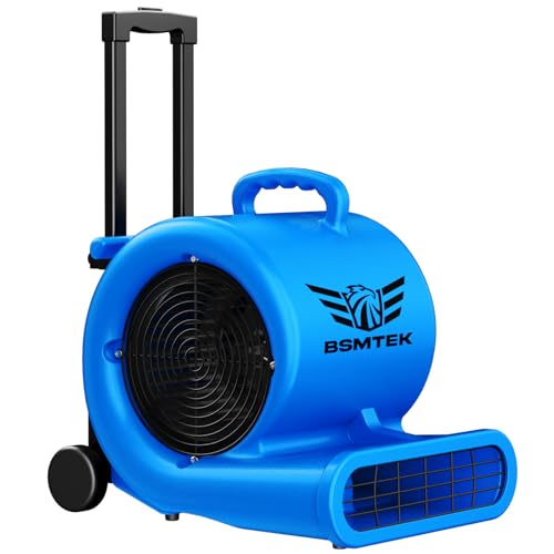 BSMTEK 5000 CFM 1HP Air Mover Blower Fan, Floor Blower Dryer - Timer for Industria, 3 Speeds, 4 Adjustable Angles, Handle Wheelkit, 15Ft Long Cord Portable, Stackable - 2025 Upgraded, Blue