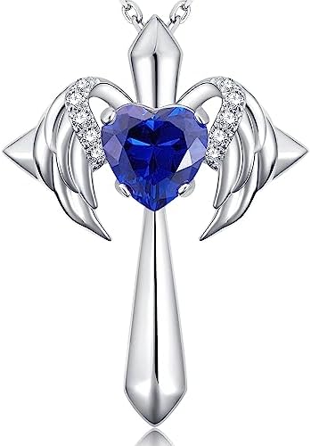 THECEROS Sterling Silver Cross Necklace for Women, Angel Wings 18K Gold Plated Birthstone Necklaces, Personalized Jewelry Gift for Women Wife Girlfriend Her