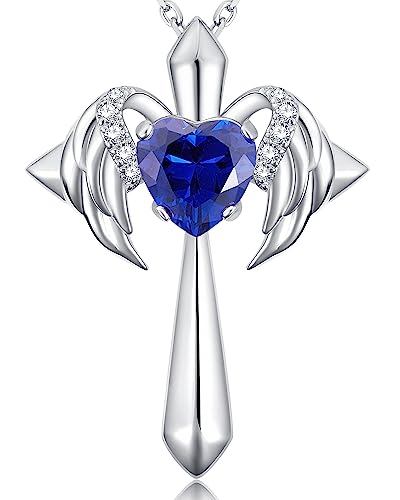 Theceros Sterling Silver Cross Necklace For Women, Angel Wings 18K Gold Plated Birthstone Necklaces, Personalized Jewelry Gift For Women Wife Girlfriend Her #TOP26