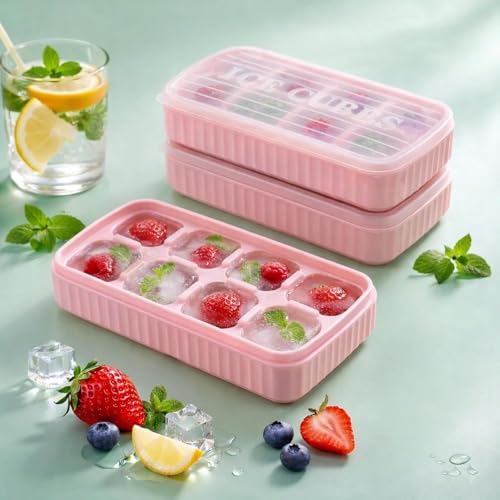Image of AIG [3 Pack] Pink Ice Cube Tray with Lids, 2-Inch Large Silicone Flexible 8-Cavity Ice Maker Molds for Whiskey & Cocktails, Easy-Release Reusable Ice Cubes, BPA-Free