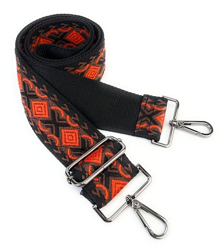 Image of Black Orange Boho Diamond Purse Strap with Gunmetal Black Hardware 2 Inch Wide Replacement Crossbody Guitar Style Shoulder Strap for Handbags Totes