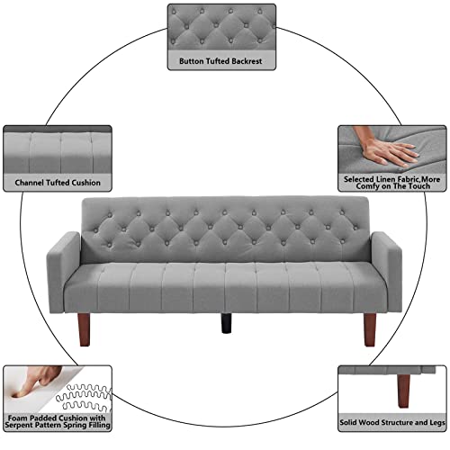 Mikibama Tufted Linen Futon Sofa Couch Bed For Living Room Convertible Fabric Upholstered Sleeper Futon Sofa Guest Bed Twin Size With Solid Wood Legs For Apartment Small Spaces (Grey) #TOP6