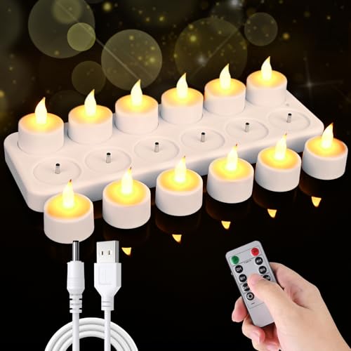 Bougie LED avec Station de Charge, Lot de 12 Bougie LED Rechargeable Bougie avec Télécommande, 12 Tasses mat, Minuteur Flamme Vacillante, pour Mariage, Halloween (12 Bougies de Thé)