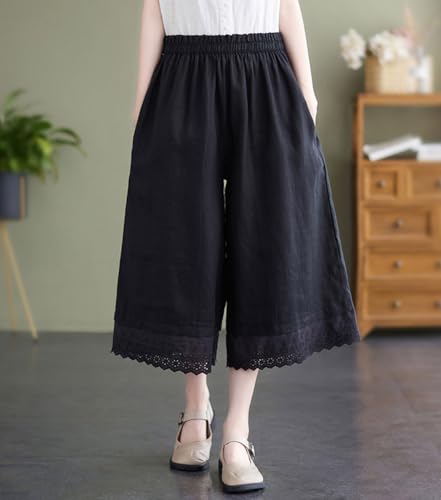 chouyatou Women's Cute Eyelet Embroidery Ruffle Hem Wide Leg Capris Elastic Waist Cropped Pants with Pockets2
