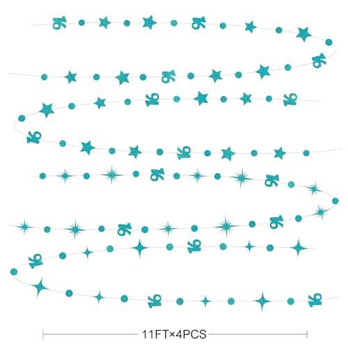 Image of Teal Blue 16th Birthday Decorations Number 16 Circle Dot Star Garland Glitter Streamer Banner Backdrop for Girls Boys Sweet Sixteen Cheers to 16 Years Old Birthday 16th Anniversary Party Supplies