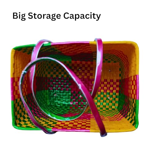 Image of Hand Made Multipurpose Plastic Basket with Lid | Eco-Friendly, Washable, Rust-Free Storage Basket for Kitchen, Picnic, Toys, Travel, Office | Lightweight basket (Pink with Green, Extra Small)