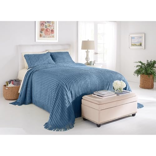 Image of BrylaneHome Oversized Extra Wide Cotton Chenille Bedspread with Fringed Hems - Full, Antique Blue