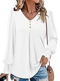 Angerella Women Long Ruffle Sleeve Blouse Tops V Neck Smocked Cuffs Shirt Chic Casual Formal Tunic Tops for Women White M