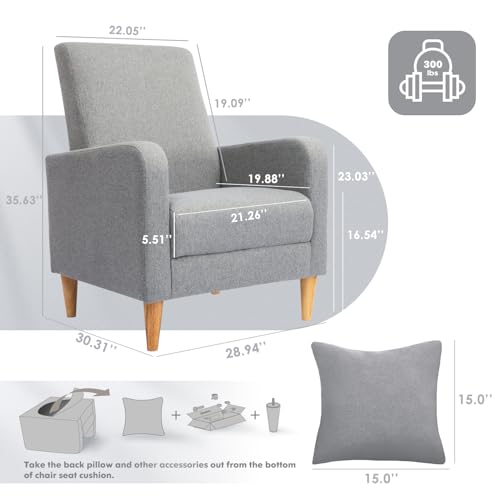 Image of COLAMY Mid-Century Modern Accent Chair, Fabric Upholstered Living Room Chair with Back Pillow & Solid Wood Legs, Comfy Armchair for Living Room, Bedroom, Single Sofa, Grey