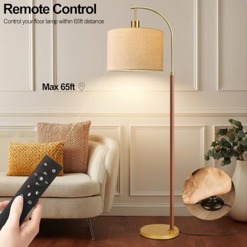 Image of Wood Floor Lamps for Living Room Arc Floor Lamp with Remote Control,Dimmable Farmhouse Floor Lamp Mid Century Modern Standing Lamp with 3 Color Temperature Tall Vintage Floor Lamp For Bedroom Corner