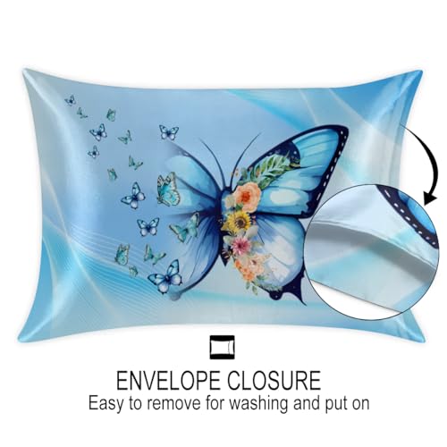 Fronha de cetim azul Butterfy para cabelo e pele Queen Size Silp Fronha de almofada macia de cetim r