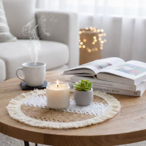 Image of HomeCloud Croshia Woven Table placemat - Heat Resistant, Washable Table Decoration for Dining, Office, Kitchen, Hotel, and Home (Round Beige White, Set of 2)