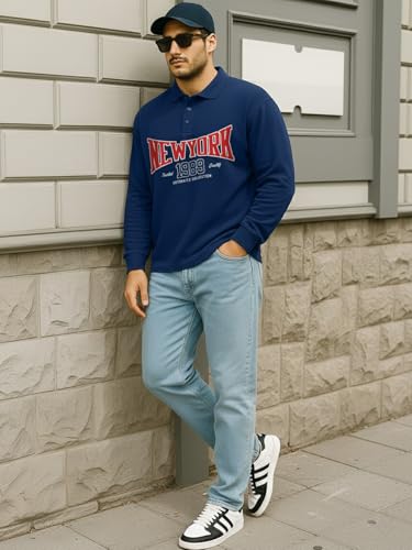 Image of Veirdo Men's Oversized Loopknit Cotton Polo Neck T-Shirt | Oversized Baggy Fit Full Sleeve Casual Streetwear Top with Ribbed Cuffs S-XXL