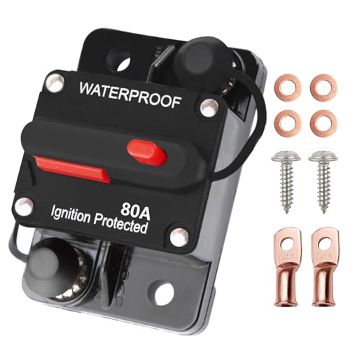 Tiwerlfe 80 Amp Circuit Breaker Manual Reset Waterproof Inline Fuse Inverter for Car ATV Marine Trolling Motors Boat Power Protect 12V-48V DC with Wire Lugs Copper Washer Screw