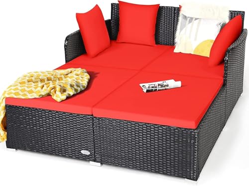 Image of BRISHI Outdoor /Pool Side /Garden /Balcony /Porch /Backyard /Terrace /Patio /Beach /Rectangular Sofa Sunbed Wicker and Rattan Daybed (Black /Red)