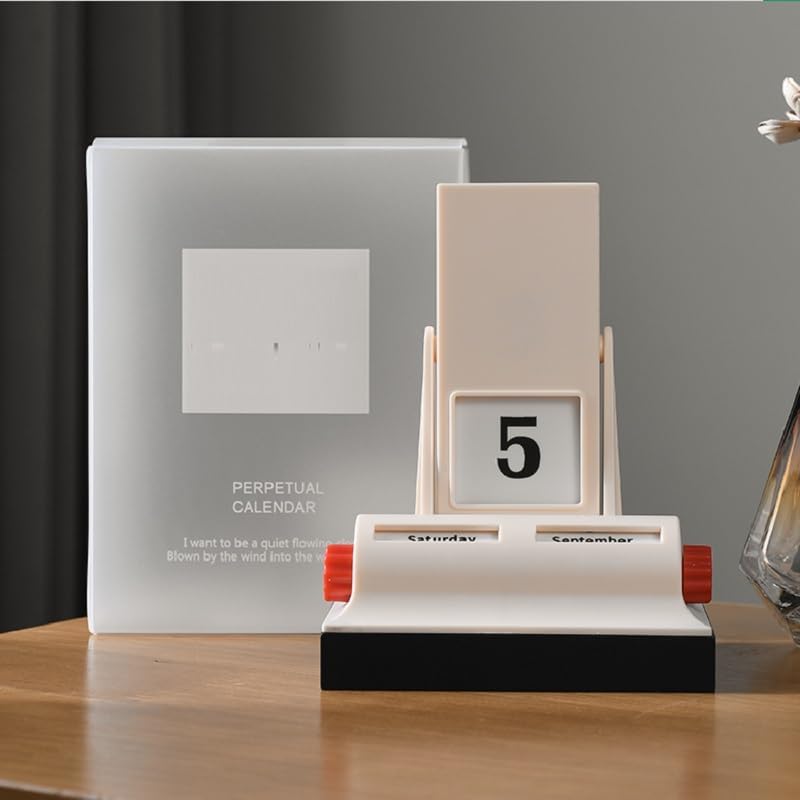 Perpetual Desktop Calendar with Flip Display, Day and Month Indicators, Creative Design of Desktop Desk Perpetual Calendar, Cream White and Black Base, Reusable High-end Home Ornaments Travel Record, 5.7 x 4.2 x 3.3 Inches(Flip perpetual calendar)