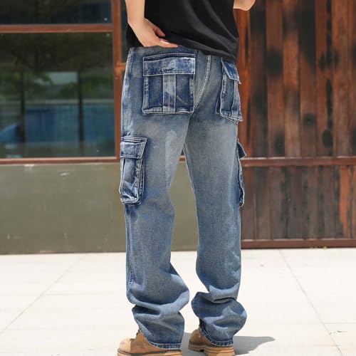 Mens Baggy Cargo Jeans Loose Fit Straight Leg Hip Hop Denim Workwear Pants with Pockets Casual 6
