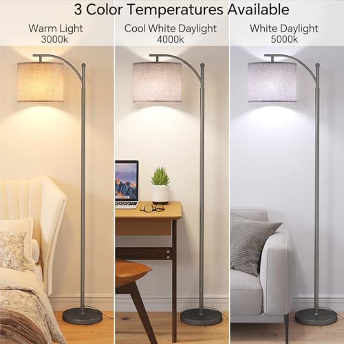 Image of SUNMORY Arc Floor Lamp, Modern Floor Lamp with 9W 3 Color Temperatures Bulb, Metal Standing Lamps with Adjustable Hanging Lampshade, Tall Floor Lamps for Living Room, Bedroom, Office