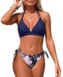 Genfien Mujer Bikini Traje de Baño 2 Piezas Cuello en V Push Up Bañadore Conjunto Sexy con Triángulo Halter Encaje-Up Cintura Baja Tie De Dos Piezas
