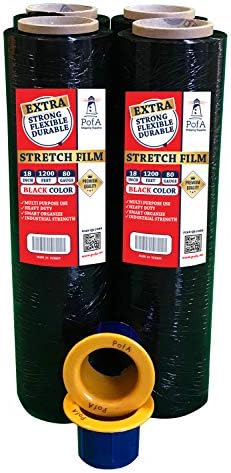 Stretch Film Plastic Wrap Roll - Black, 18 in x 1200 Ft x 80 Gauge (20 Micron), 4 Pack with 1 Pair Hand Saver, Industrial Heavy Duty Shrink Wrap for Packing, Shipping, Pallet, Moving Supplies by PofA