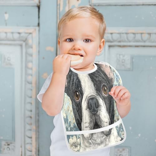MCHIVER Flower Blue Dog Baby Bibs for Boy Girl Toddler Waterproof Feeding Bib Apron with Food Cather Adjustable Cotton Food Eating Bib 2 Pack4
