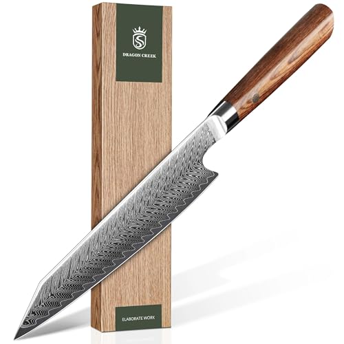 Dragon Creek Couteau Kiritsuke 21 cm, Acier Damas, Couteau de Précision pour Découpes Fines, Idéal pour le Poisson et les Légumes, Manche Ergonomique
