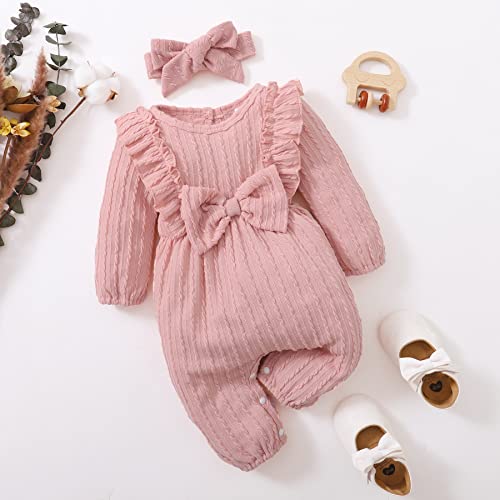 Image of Happy Town Baby Girl Romper Infant Fall Winter Clothes Ruffle Sweater Long Sleeve Bodysuit Jumpsuit and Headband
