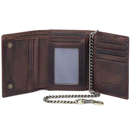 Trifold Chain Wallets for Men, Genuine Leather Wallet RFID Blocking Anti-Theft Chain for Biker, Motorcycle
