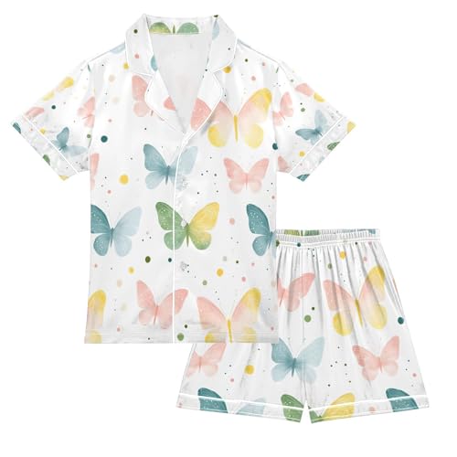 senya Watercolor Butterflies Colored Satin Summer Pajama Sets Silk Short Sleeve Button Down Sleepwear