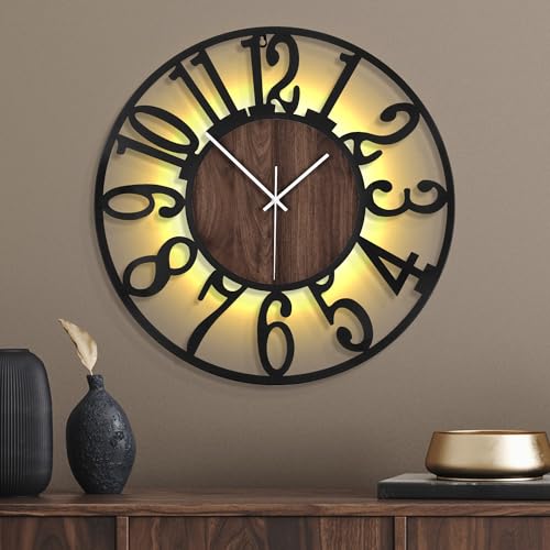 Mee 2ou Horloge Murale Silencieuse à Piles – 60 cm, avec Lumière Nocturne Automatique, sans Tic-Tac, Horloge Murale Design Métal Bois pour Salon Chambre Cuisine Bureau
