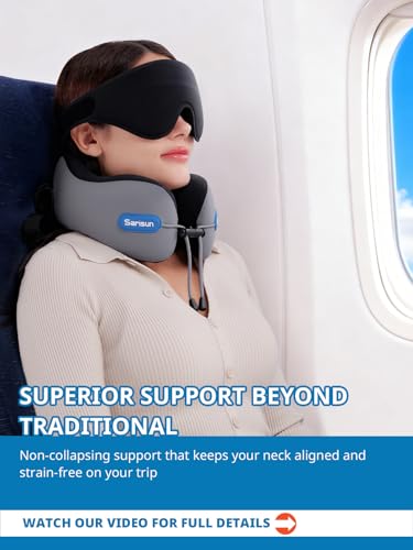 SARISUN Nackenkissen Flugzeug Travel Pillow for Airplanes, Nackenstützkissen, Reisekissen mit Gurt und 3D-Augenmaske für Schlafkomfort, Memory-Schaum für Lange Flugreisen und Autofahrten, Schwarz