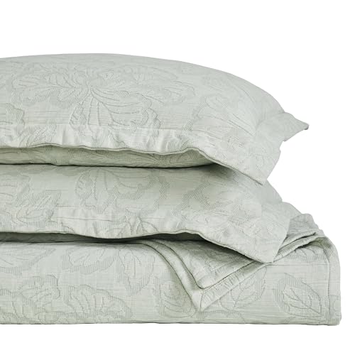 Superior 3 Piece Cotton Bedspread Set, Home Bed Decor, Decorative Bed Spread, 2 Pillow Shams, Medium Weight Blanket, Matelasse Coverlet, Bedding Essentials, Hibiscus Collection, King, Sage