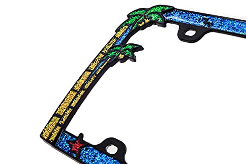 Creathome 3D Shining Palm Trees Crab License Plate Frame From Pure Zinc Alloy Metal Perfect Plate Holder, Matt Black With Colorful Glitters #TOP4