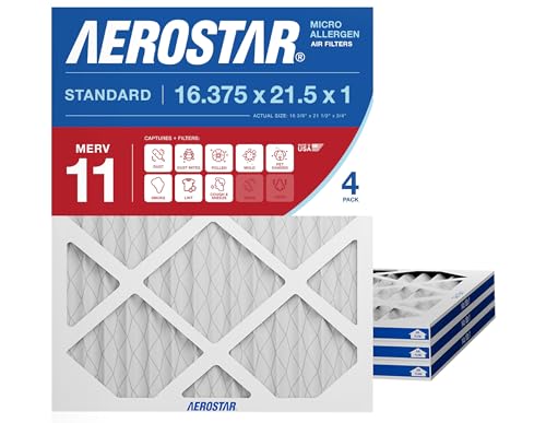 Aerostar 16.375x21.5x1 MERV 11 Air Filter, 4 Count, ACTUAL SIZE (16.50 x 21.50 x 0.75), HVAC, Air Conditioning & Furnace Filter for Dust, Pet Dander, Smoke & Allergies (MPR 1200 / FPR 7), Made in USA