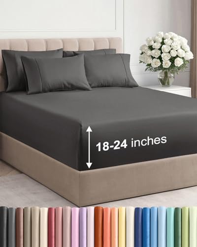 Image of Extra Deep Full Sheet Set - 6 Piece Breathable & Cooling Sheets - Charcoal | Hotel Luxury Bed Sheets Set, Easy & Secure Fit, Ultra-Soft, Wrinkle & Fade Free, Comfy Sheets Set with Extra Deep Pockets