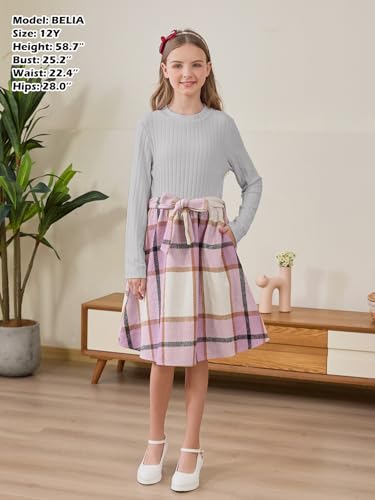 GORLYA Girls Long Sleeve Mock Turtleneck Plaid Contrast Bowknot A-Line Party Dress with Belt 6-14Y (GOR1252,8Y,Pink Plaid)4