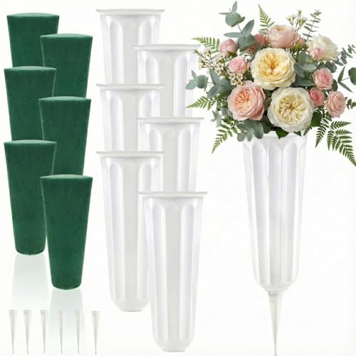 Image of Goaste 6 Pack Cemetery Vases with Spikes, Memorial Floral Vases with Foam Inserts, Grave Flower Holder Cones for Outdoor Use, Lawn Headstone Graveside Decoration, Fresh or Artificial Flowers, White