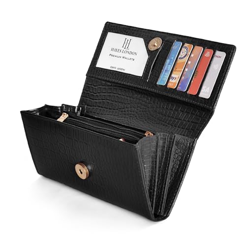Image of HAYES LONDON Ladies Purse, Pure Leather Wallet, Gifts for Women, RFID Blocking Bi-Fold Clutch (Empress Black)