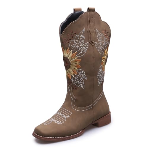 Classic Cowboy Boots for Women Sunflower Cowgirl Boots Square Toe Mid Calf Western Embroidery Stitched Low Heel Slip On Wide Calf Western Boots, Grey, 7