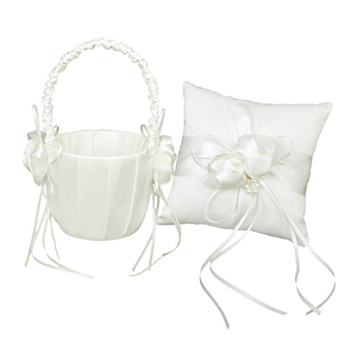 freneci Boda Marfil Satén Perla Cuentas Anillo Almohada Almohada Cojín & Cesta de Flores