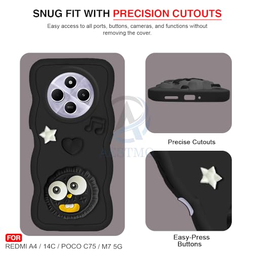 Image of AESTMO Back Case Cover for Redmi A4 / 14C / Poco C75 / M7 5G | 3D Cute Fun Cartoon Characters | Anti Slip Grip Cute Wave Curly Frame Shape | Full Body Protection Back Cover (Black)