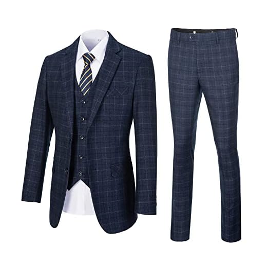 Datysum Masculino Terno De Casamento Slim Fit 3 Peças Casual Azul Marinho Smoking Xadrez Formal Para Baile Formatura Negócios Festa Blazer Colete Calça Conjunto-L