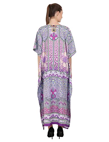 Image of Miss Lavish London Purple Ethnic Print Kaftan Dresses for Women V Neck Batwing Sleeve Beach Vacation Bikini Swimsuit Cover,Plus Size African&Dubai Caftan Maxi Beach Dress with Side Slits-Purple-3XL